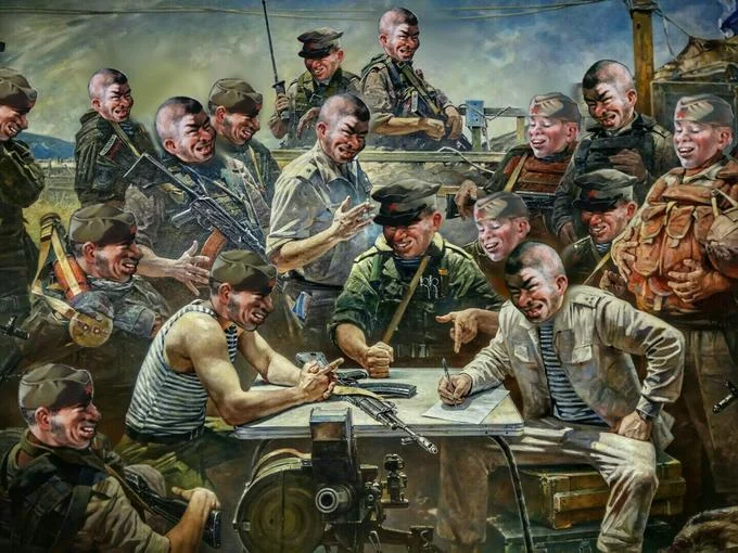 The Soviet Liberator Le Liberator Face — The original 1940s source painting showing a group of Soviet soldiers gathered around military equipment.