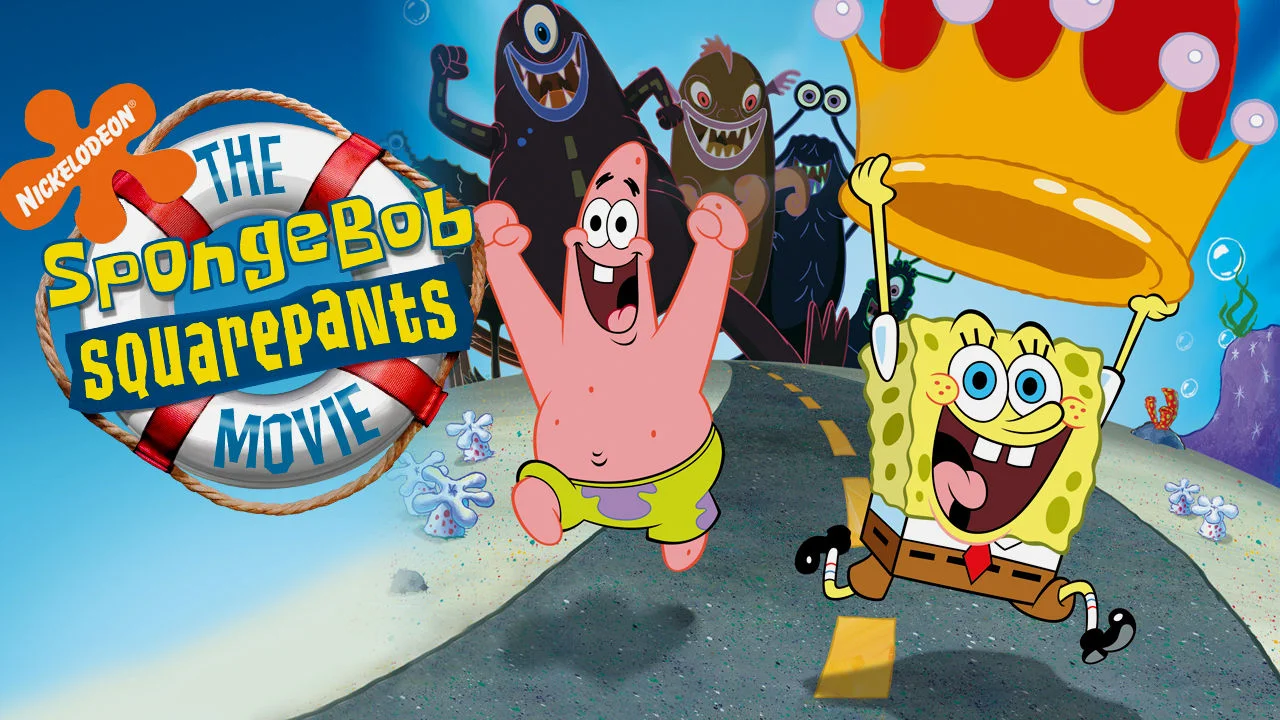 The SpongeBob SquarePants Movie promotional poster with SpongeBob holding a crown and Patrick running