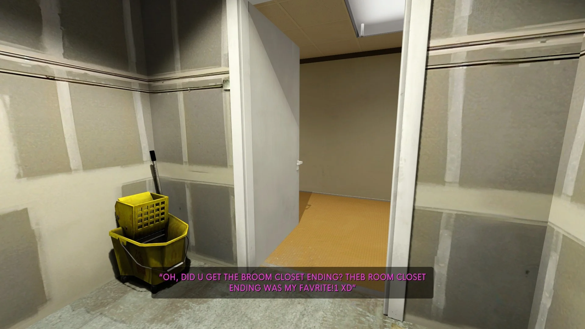 The Stanley Parable — The broom closet room with a yellow mop bucket and parodic caption about the broom closet ending