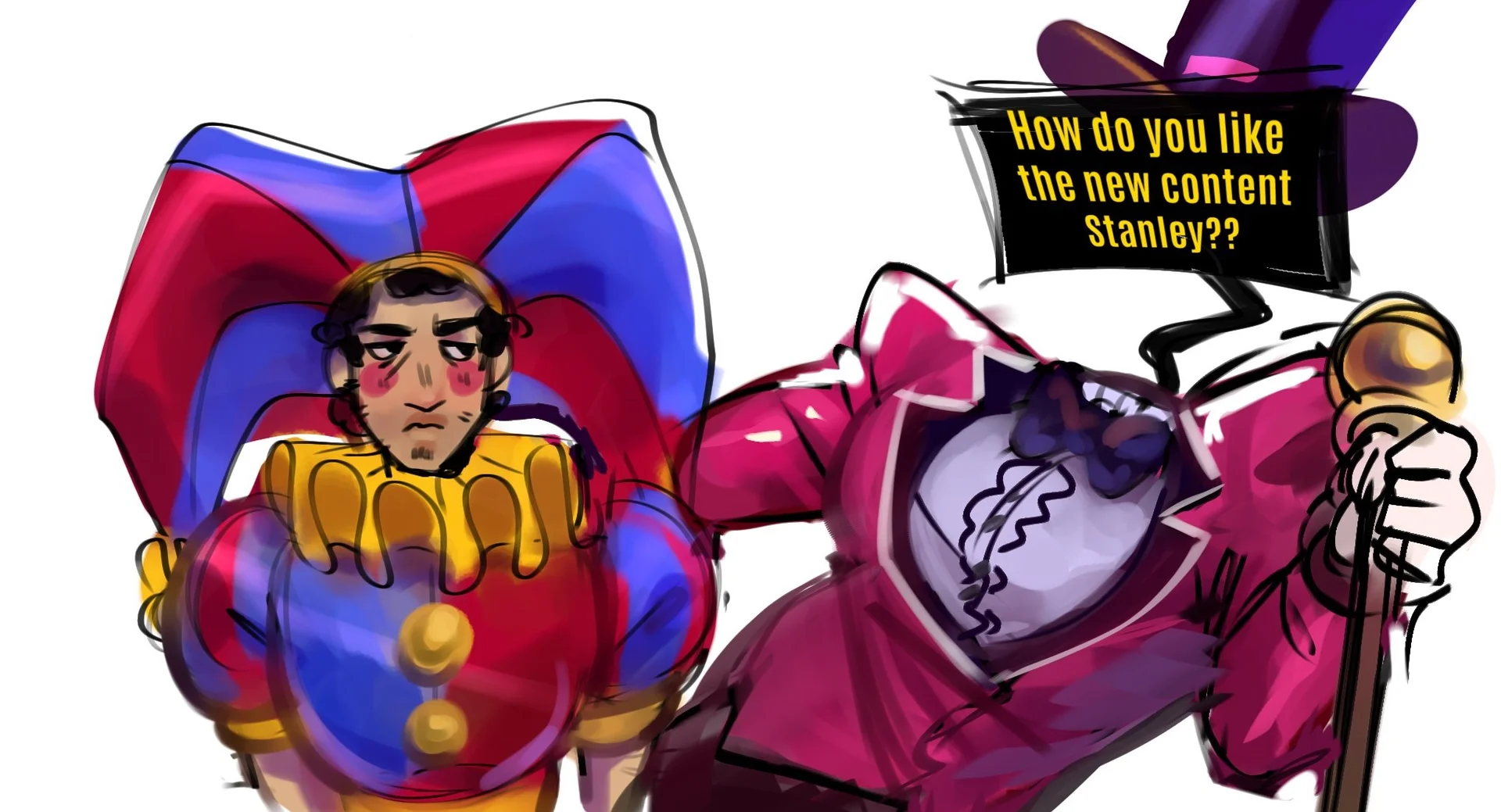 The Stanley Parable — Fan art of Stanley in a jester outfit beside the Narrator asking about new content