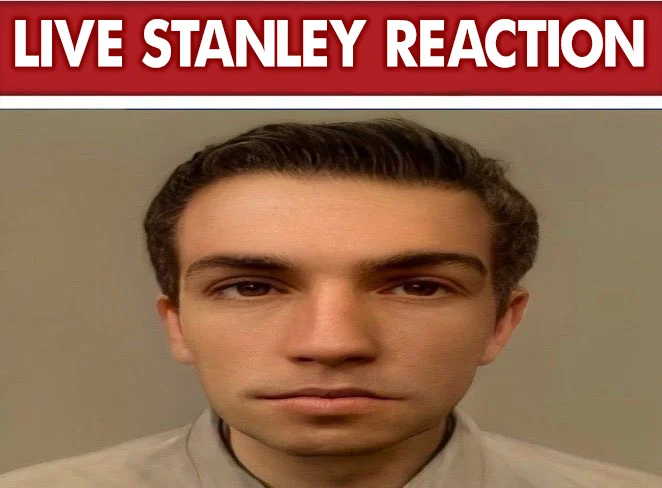 The Stanley Parable — Deadpan photo of a man with the red headline 'LIVE STANLEY REACTION' above his face