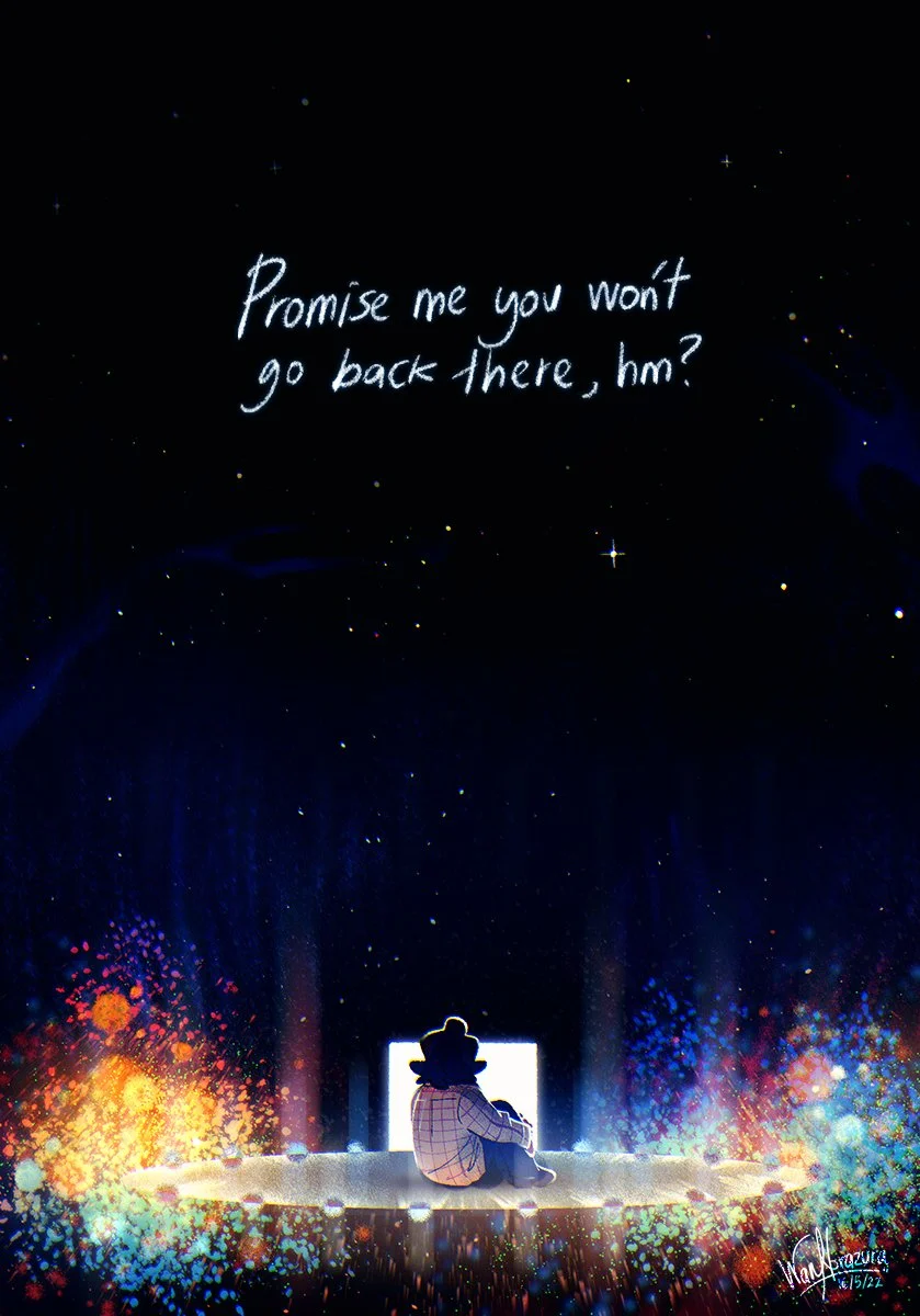 The Stanley Parable — Fan art of Stanley sitting before a bright doorway with handwritten text 'Promise me you won't go back there, hm?'