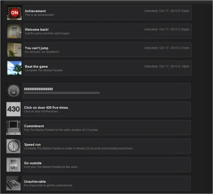 Steam achievement list for The Stanley Parable showing joke achievements like Commitment, Go outside, and Unachievable