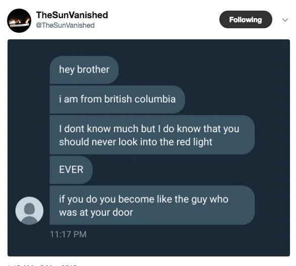 The Sun Vanished — Screenshot of a DM shared by @TheSunVanished warning never to look into the red light