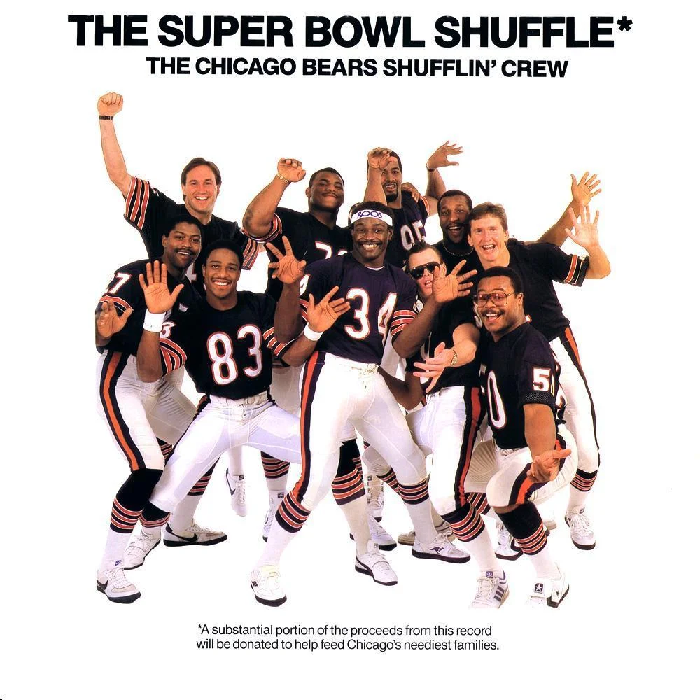 Album cover of 'The Super Bowl Shuffle' featuring the 1985 Chicago Bears Shufflin' Crew posing in uniform.