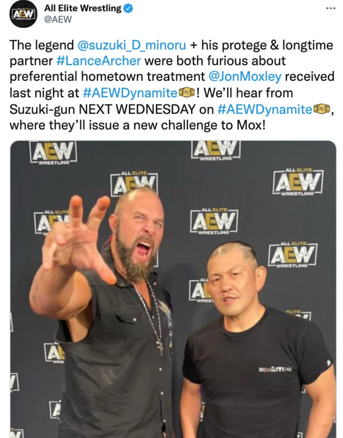 The Suzuki Incident — Official AEW tweet featuring Minoru Suzuki and another wrestler discussing the controversial entrance music incident.