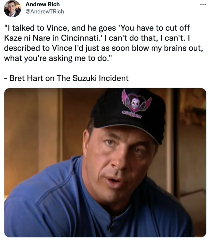 The Suzuki Incident — Meme parody with humorous quote falsely attributed to Bret Hart about cutting Suzuki's entrance music.