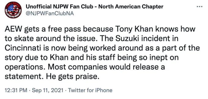 Twitter post from NJPW fan account explaining The Suzuki Incident in Cincinnati as part of AEW storyline.