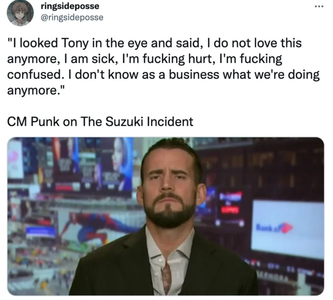 Meme parody with satirical quote falsely attributed to CM Punk about The Suzuki Incident.