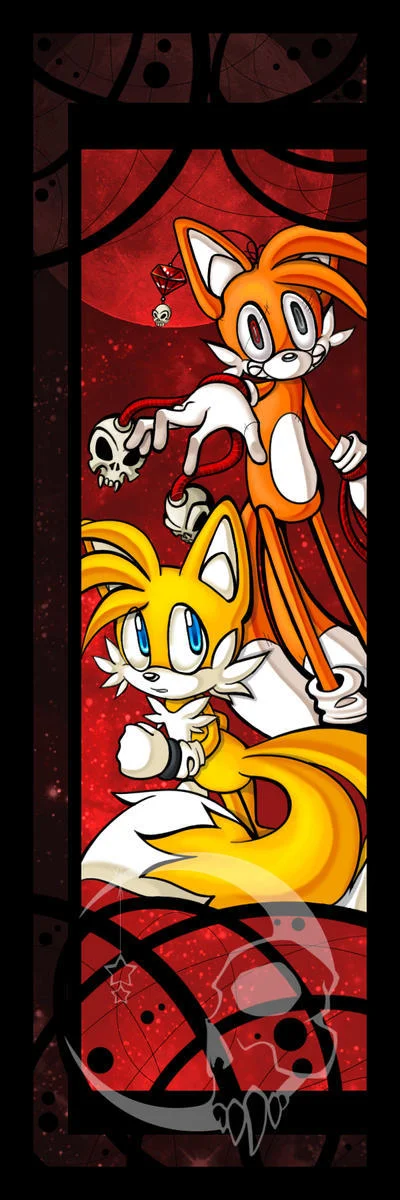 The Tails Doll — Fan art of Tails and Tails Doll on a red stained-glass background