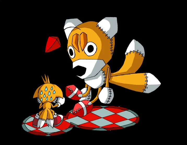 Cartoon fan art of the Tails Doll looming over a smaller crying Tails figure