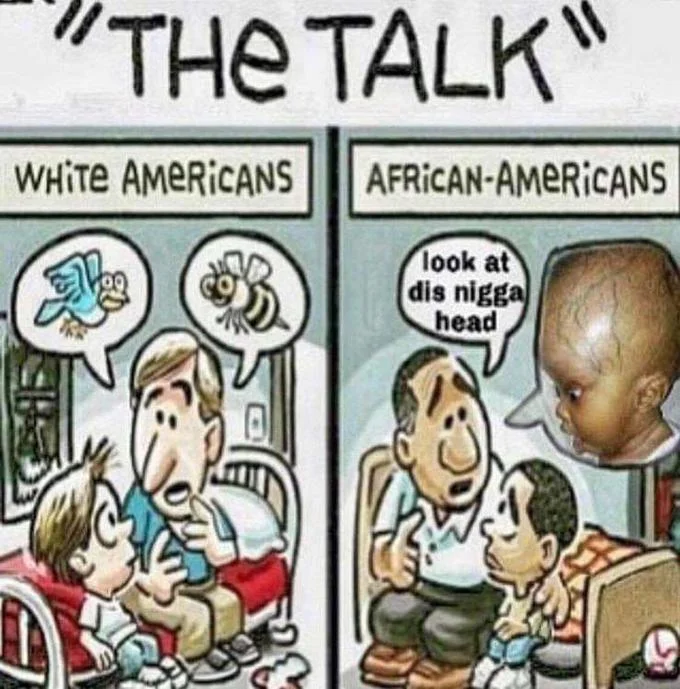 "The Talk" White Americans Vs. African-Americans — Edited 'The Talk' cartoon with crude text and a photo of a baby's head replacing the original