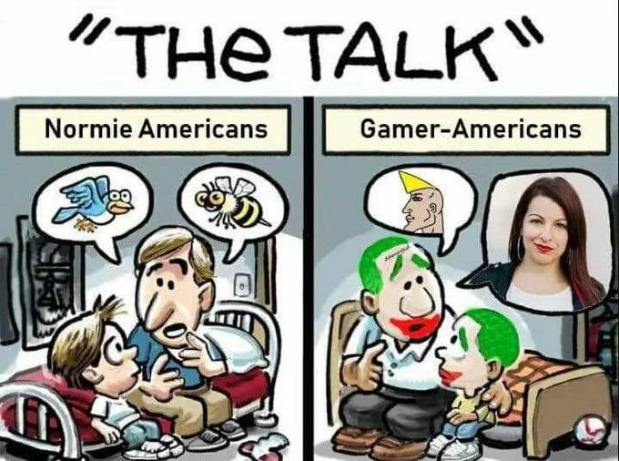 "The Talk" White Americans Vs. African-Americans — Edit of 'The Talk' cartoon with Normie Americans vs Gamer-Americans, featuring Joker face paint and Anita