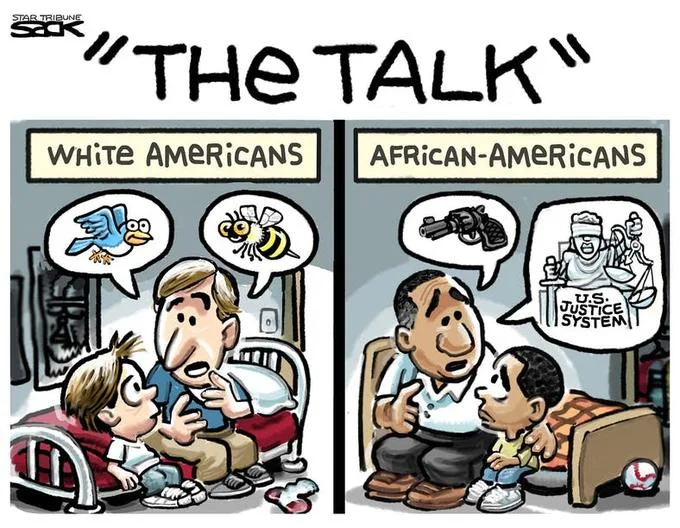 "The Talk" White Americans Vs. African-Americans — Steve Sack 'The Talk' cartoon comparing white and Black fathers giving different versions of 'the talk' to