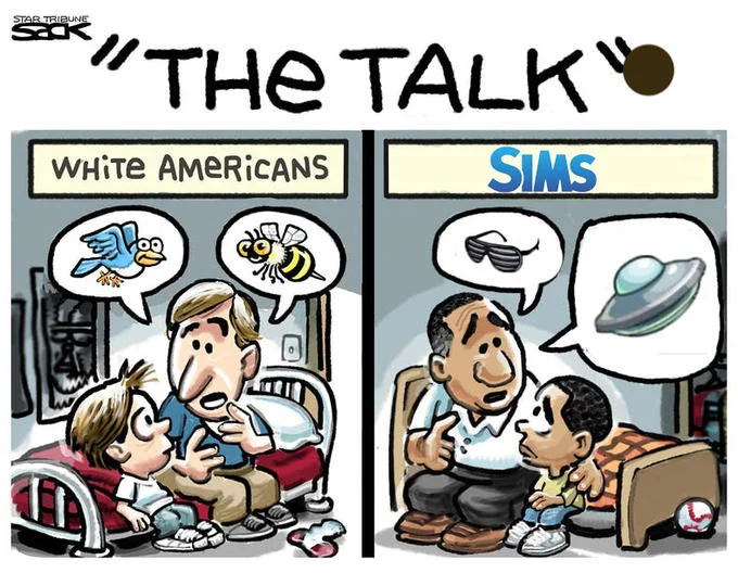 "The Talk" White Americans Vs. African-Americans — Edited 'The Talk' cartoon labeled White Americans vs SIMS featuring sunglasses and a UFO.