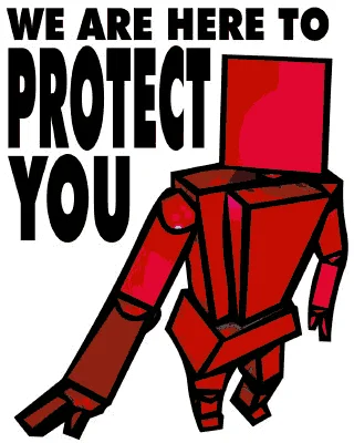 The Terrible Secret Of Space — A red and black robotic character against white background with bold text reading 'WE ARE HERE TO PROTECT YOU.'