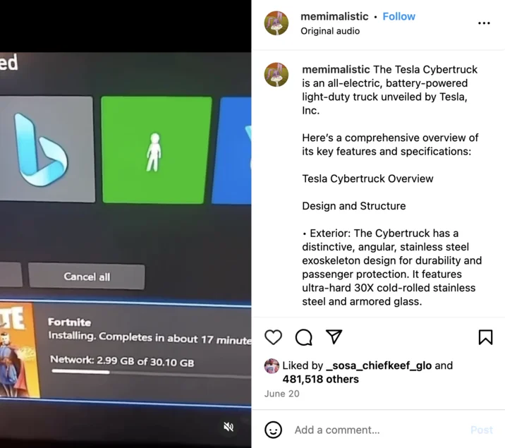 The Tesla Cybertruck Is An All Electric Battery Powered Light Duty Truck Unveiled By Tesla Inc — Instagram post showing Fortnite installing on Xbox with Tesla