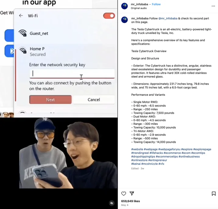 The Tesla Cybertruck Is An All Electric Battery Powered Light Duty Truck Unveiled By Tesla Inc — Instagram post with Wi-Fi prompt meme video and Tesla