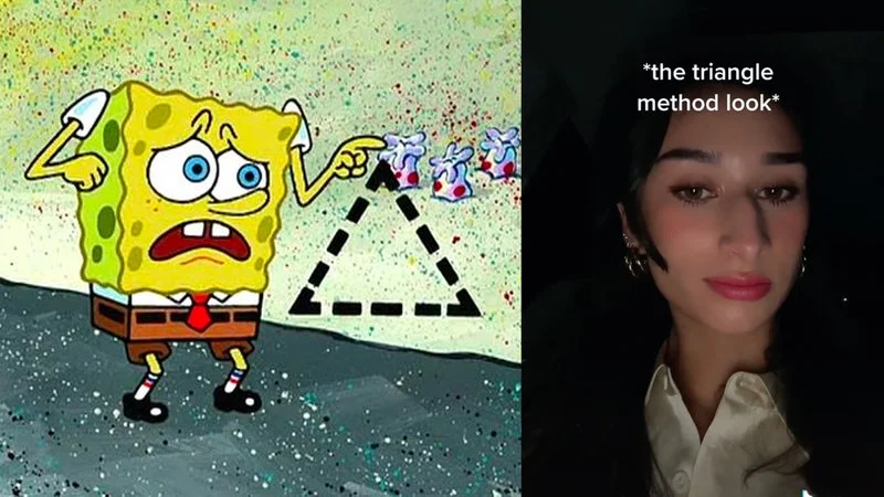 The Triangle Method — Split-screen meme with SpongeBob pointing at triangle diagram on left and woman giving smoldering gaze on right captioned 'triangle