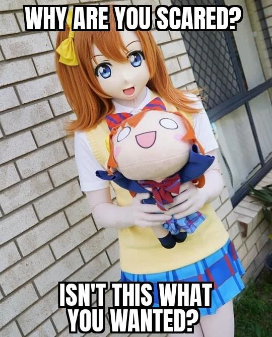 The Uncanny Valley — People in anime-girl masks at desks with caption 'Why are you scared isn't this what you wanted?'