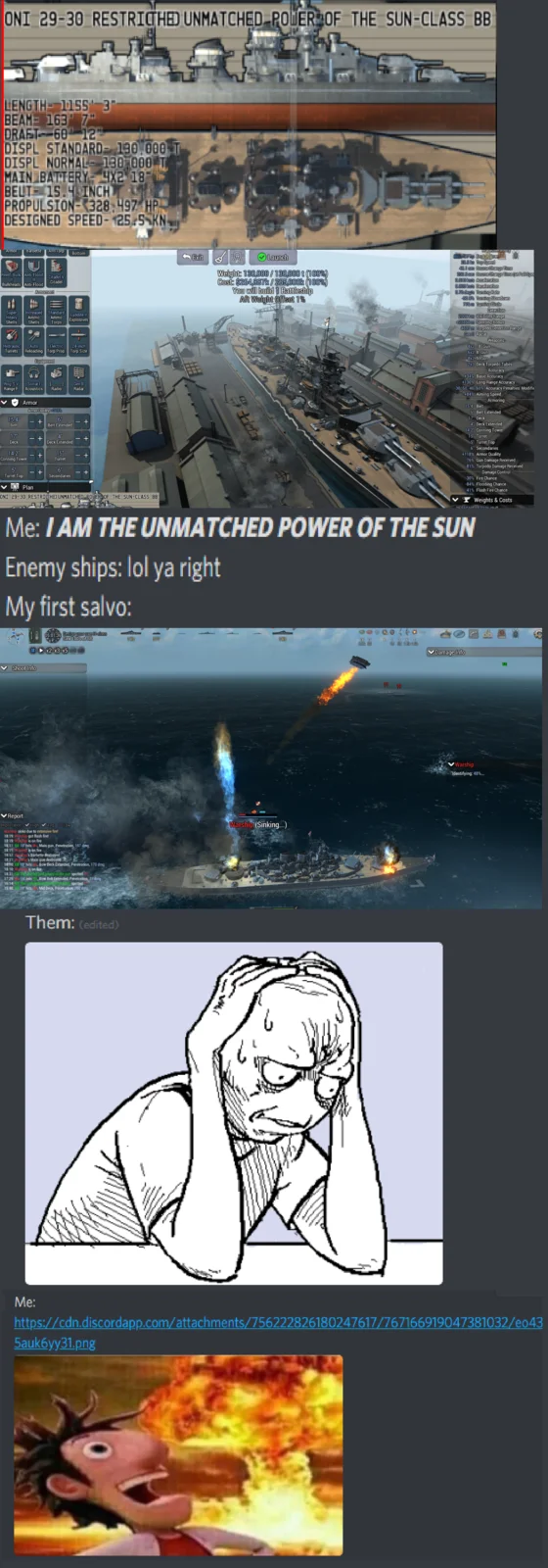 Compiled Discord post about a battleship game salvo captioned 'I am the unmatched power of the sun.'