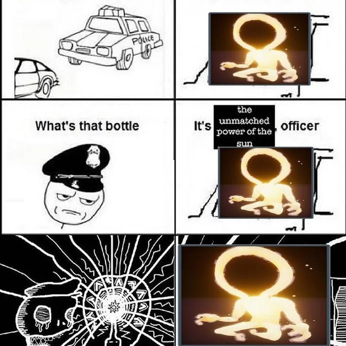 The Unmatched Power Of The Sun — Rage comic variant with a glowing meditating figure replacing the bottle in the sun meme.