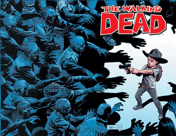 The Walking Dead — Walking Dead comic cover with Carl Grimes aiming a gun at zombies