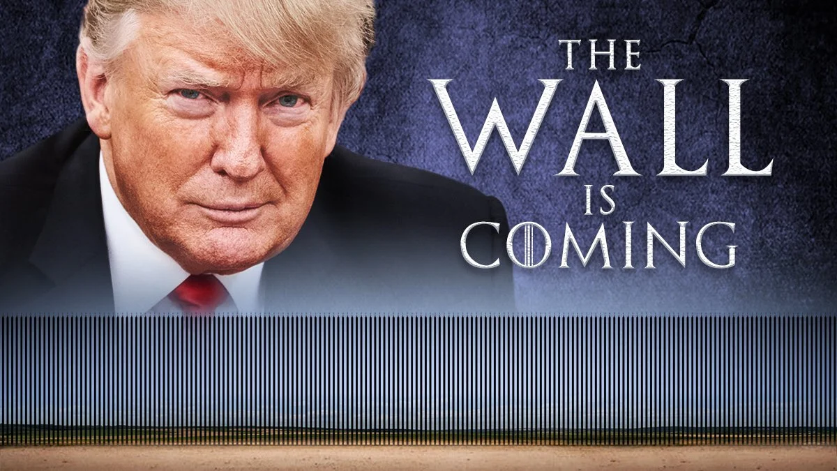 The Wall Is Coming — Photoshopped Trump showing 'Wall Is Coming' sign to Schumer in Oval Office