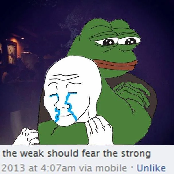 The Weak Should Fear the Strong — Pepe the Frog embracing crying Wojak in the 'weak should fear the strong' pose