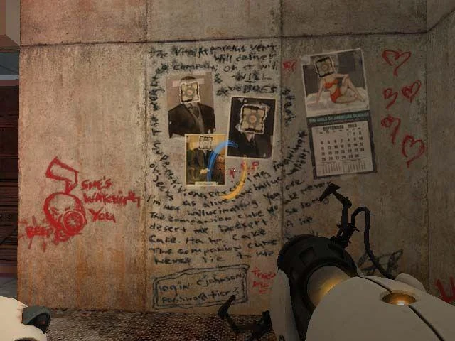 The Weighted Companion Cube — Screenshot of a hidden room in Portal covered in graffiti referencing the Companion Cube and the cake