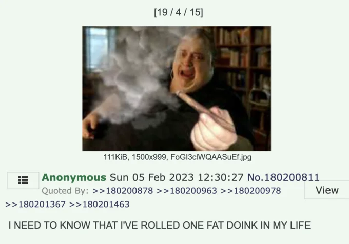 The Whale Passing a Blunt — 4chan anonymous post from Feb 2023 sharing the Whale blunt image with a caption about rolling a fat doink