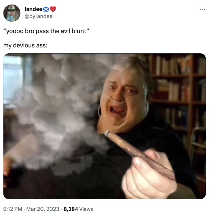The Whale Passing a Blunt — Twitter screenshot of @bylandee tweet with the caption yoooo bro pass the evil blunt and the Whale blunt image