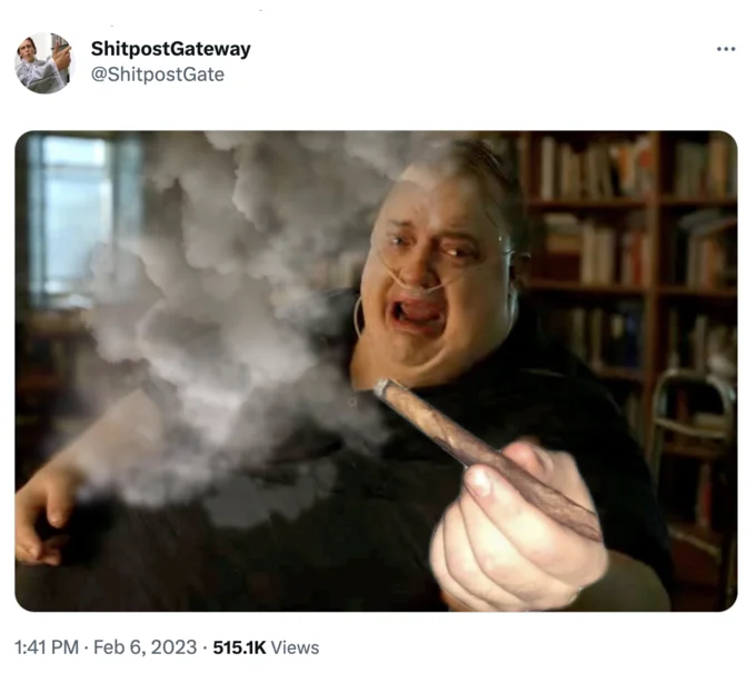 The Whale Passing a Blunt — Twitter screenshot of @ShitpostGate posting the Whale blunt image on Feb 6, 2023 with 515.1K views