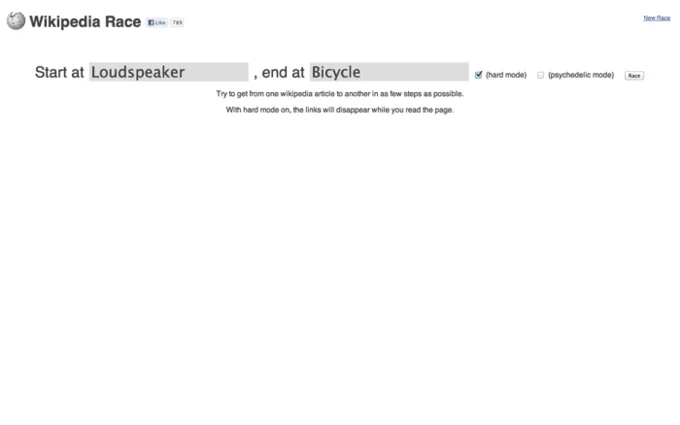 The Wikipedia Game — Wikipedia Race app interface showing challenge prompt from Loudspeaker to Bicycle with hard and psychedelic mode options.