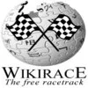 The Wikipedia Game — A compact version of the WikiRace logo showing Wikipedia puzzle-globe with crossed checkered racing flags.