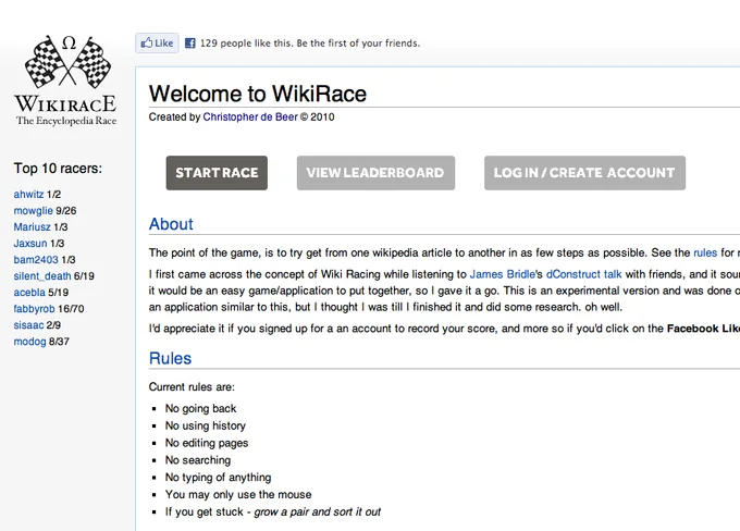 The Wikipedia Game — The WikiRace website homepage showing sidebar with top 10 racers, rules explanation, and Start Race button.