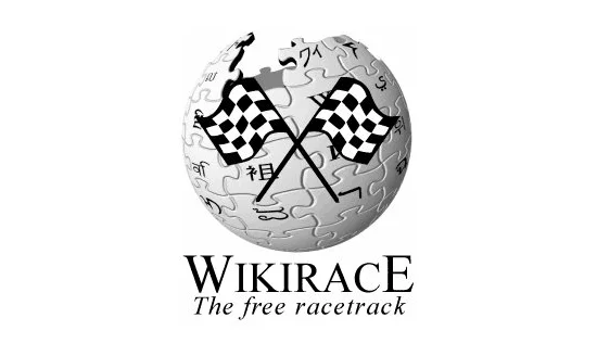 The Wikipedia Game — The WikiRace logo featuring Wikipedia puzzle-globe with crossed checkered racing flags and text 'WikiRacE – The free racetrack.'