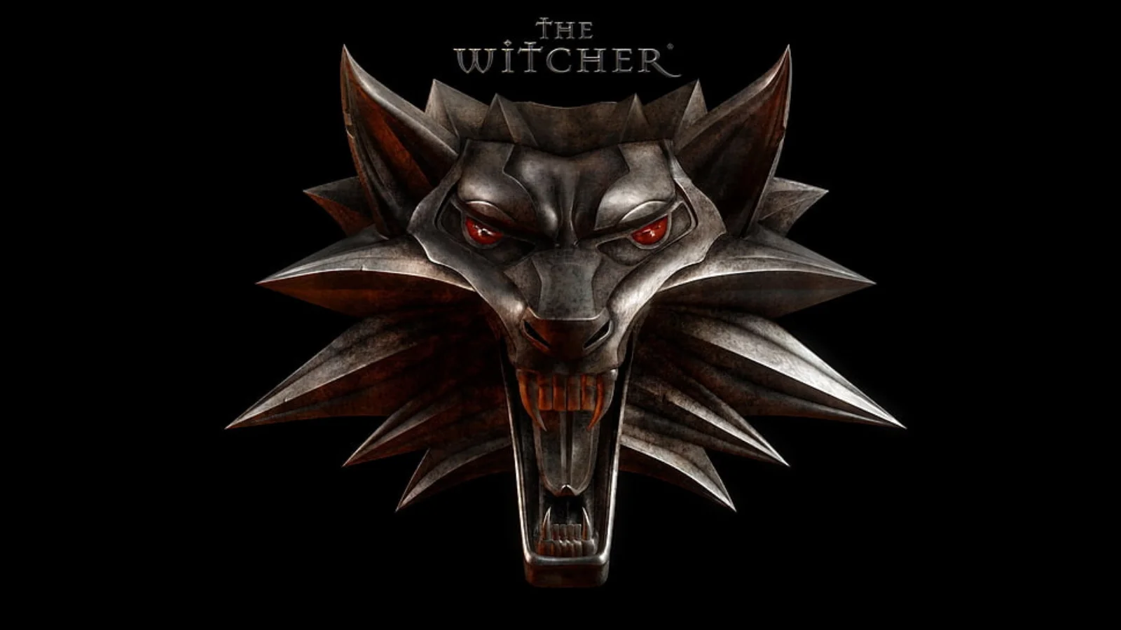 The Witcher logo with silver wolf medallion and red eyes on black background