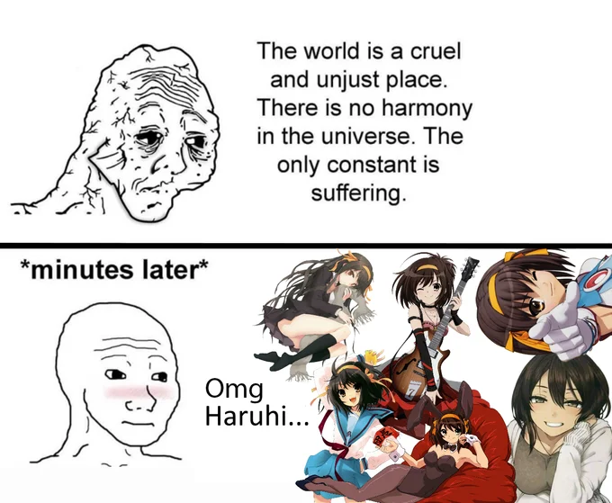 The World is a Cruel and Unjust Place — Wojak meme with suffering text and wojak reacting to Haruhi Suzumiya anime characters
