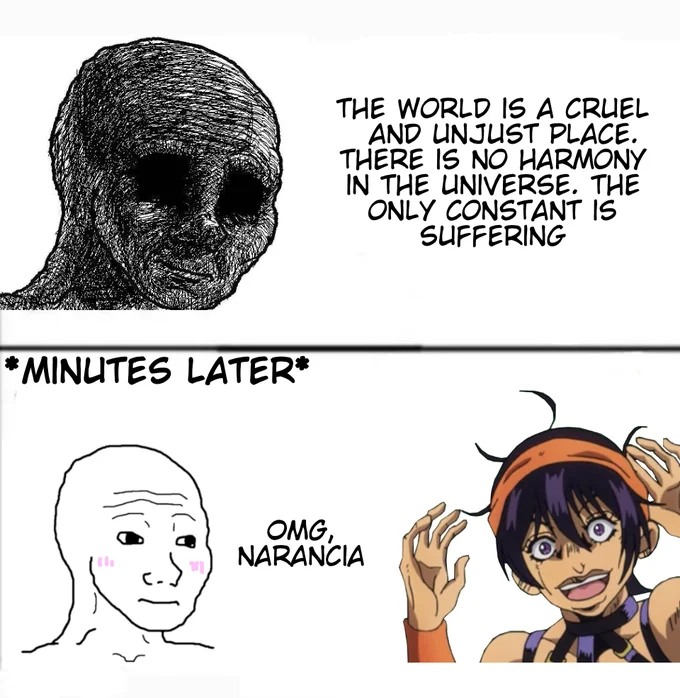 The World is a Cruel and Unjust Place — Sketchy black wojak with suffering text above and wojak reacting to Narancia from JoJo below