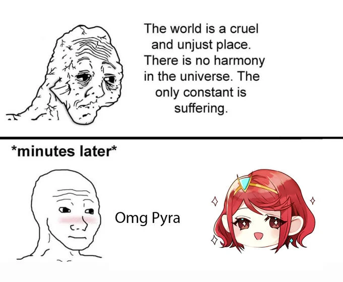 The World is a Cruel and Unjust Place — Wojak meme with suffering text and wojak reacting to chibi Pyra from Xenoblade Chronicles 2