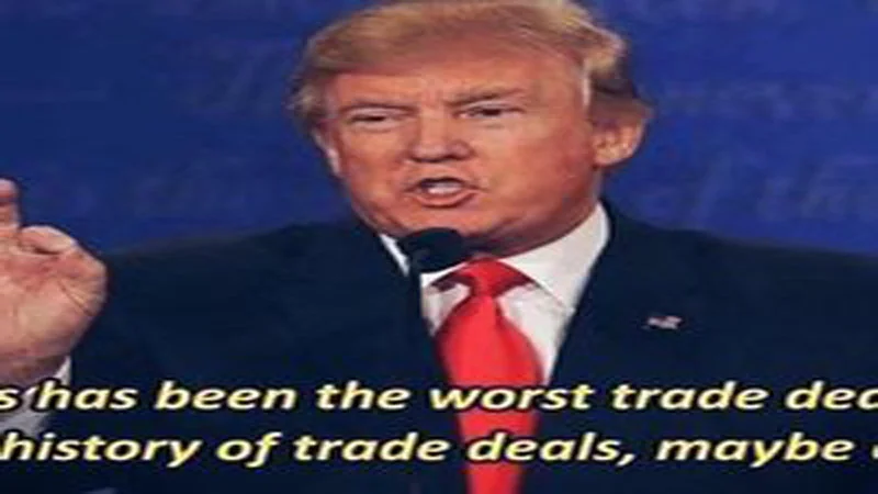 The Worst Trade Deal — Cropped close-up of Donald Trump at presidential debate with finger raised and canonical quote subtitle.