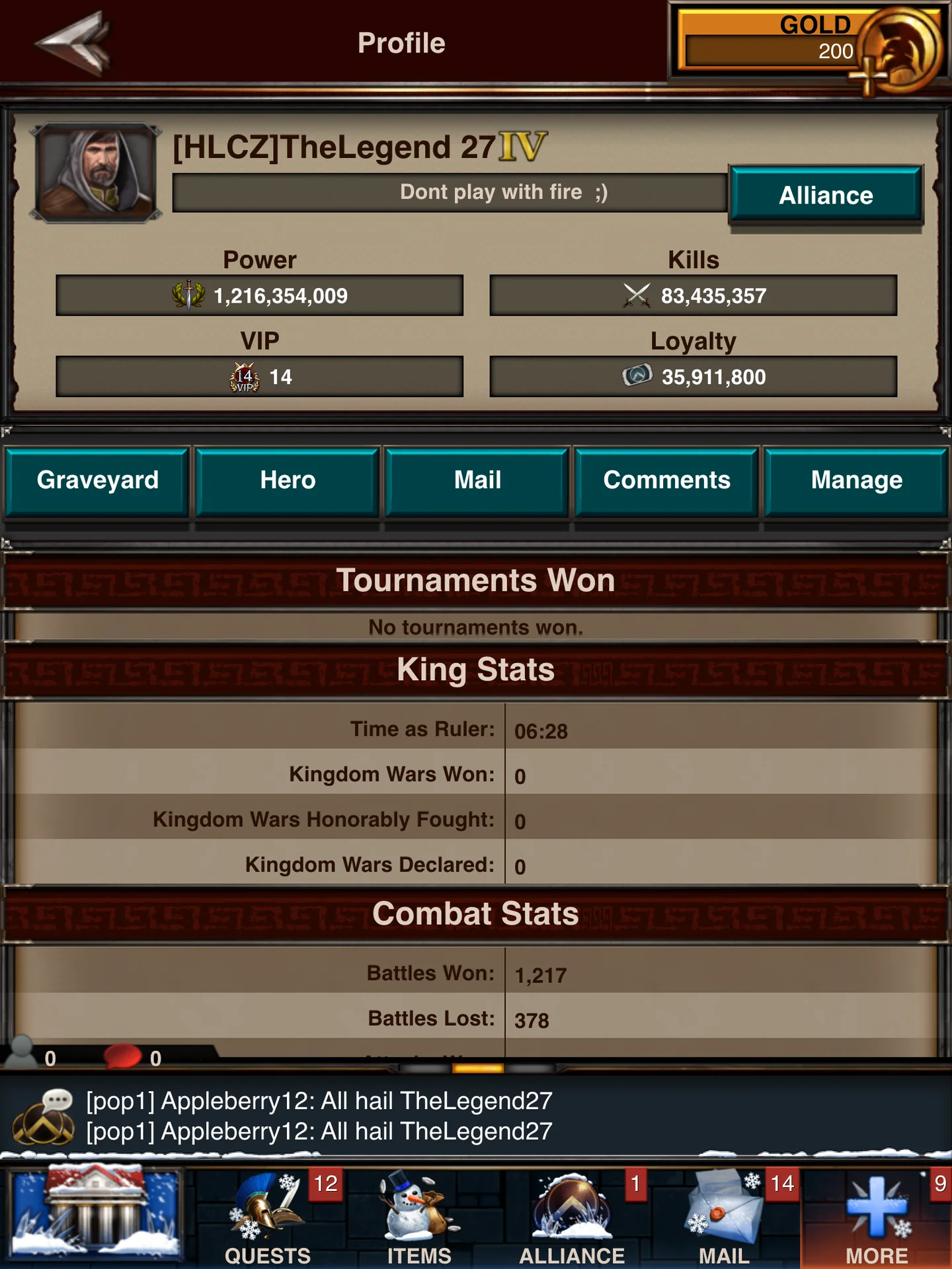 TheLegend27 — Game of War profile screen for [HLCZ]TheLegend 27 showing massive power and kill stats