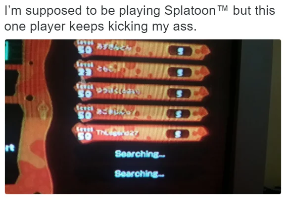 Splatoon lobby screenshot showing player TheLegend27, captioned with the Game of War parody line