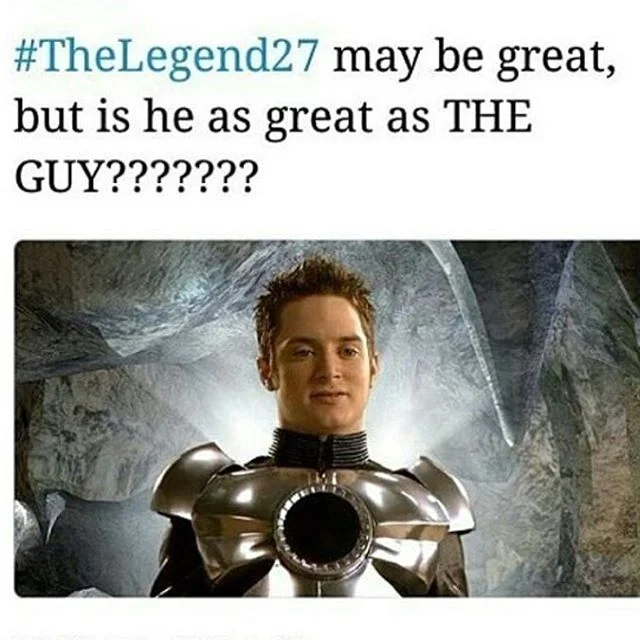 Tweet asking if TheLegend27 is as great as 'THE GUY', paired with image of armored character