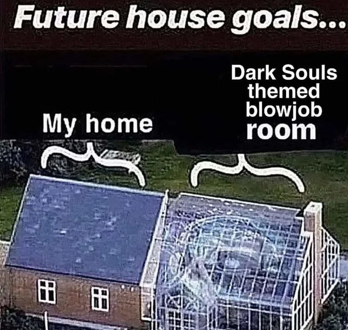 Future house goals meme labeling a greenhouse addition as a Dark Souls themed blowjob room.
