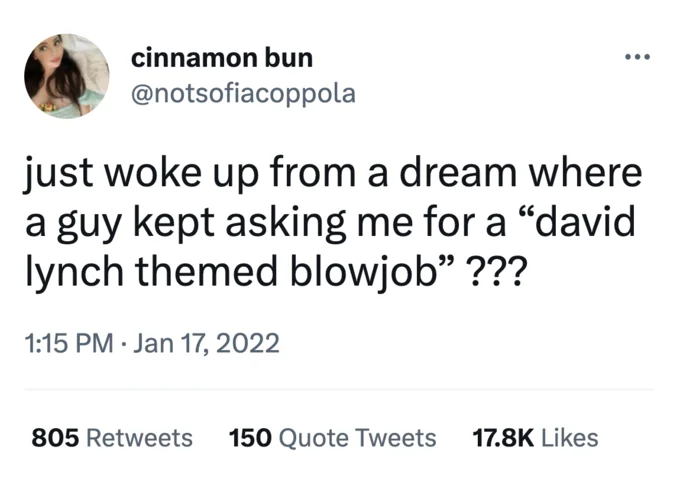 Tweet by @notsofiacoppola describing a dream about a David Lynch themed blowjob.