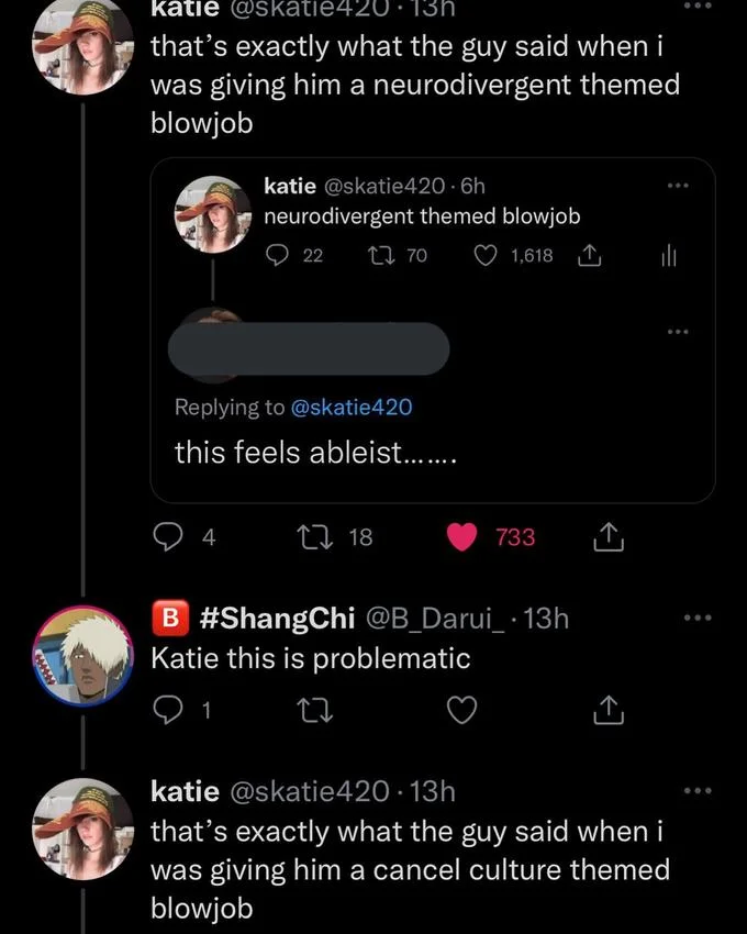 Twitter thread showing follow-up jokes to the neurodivergent themed blowjob tweet.