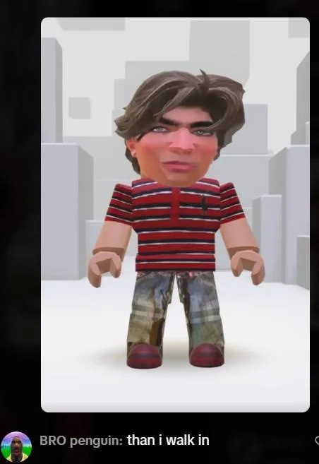 Then I Walk In — Roblox avatar with Model Alexander's face in a red striped shirt, captioned 'than i walk in'.