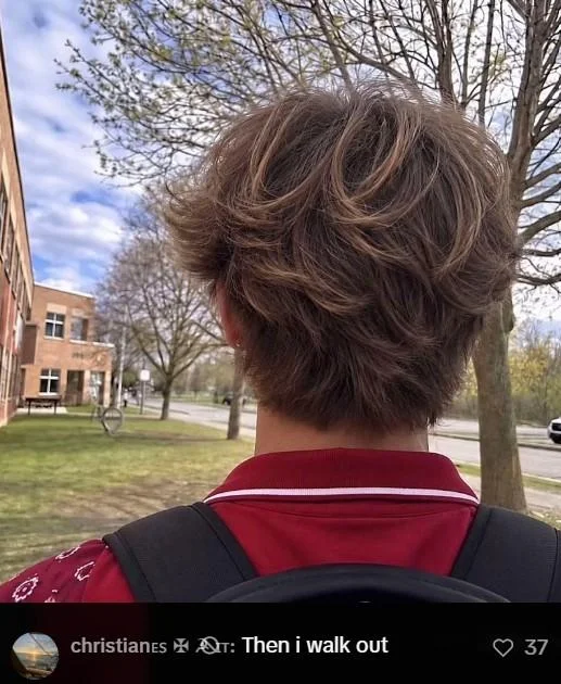 Then I Walk In — Back view of young man's layered hair and red collared shirt, captioned 'Then i walk out'.